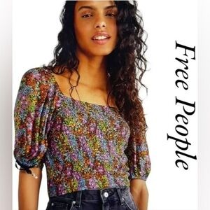 Free People Back On Top Floral Puff Sleeve Crop Top NWOT